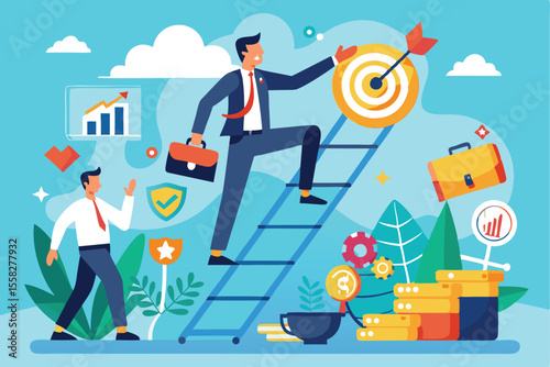 Business professional climbing a career ladder towards success in a vibrant and engaging graphic depicting personal growth strategies