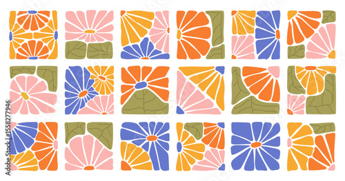 A collection of colorful abstract floral patterns in square frames. Hand-drawn botanical elements in modern boho style. Perfect for textile design, paper crafts, digital projects, and decoration.