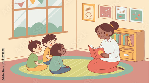 Teacher reading a book to three children sitting on a rug in a classroom with decorations and a bookcase