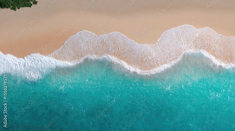 Fototapeta premium Clean turquoise wave with white foam line rolling toward a smooth, untouched beach