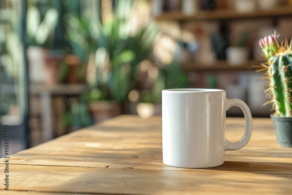 Fototapeta premium Stylish Coffee Cup Presentation. White Mug Displayed in a Cozy Cafe with Cacti and Blurred Ambiance for Custom Design Insertion.