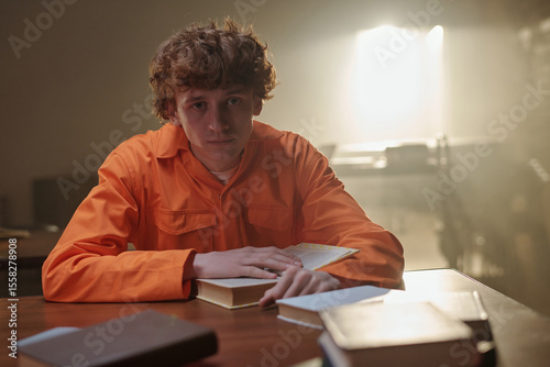 Portrait of Caucasian man sitting at table in prison library reading book, wearing orange uniform, looking directly at camera with serious expression, books scattered on table