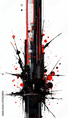 Abstract red and black digital painting with splashes and lines  