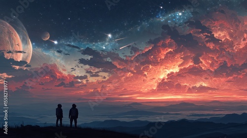 Futuristic landscape featuring astronauts observing a glowing red planet rupture, with cosmic bodies and interstellar clouds illuminating the distant horizon