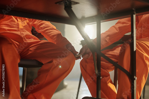 Two men in orange prison uniforms sitting at table in prison library, one man passing small item to inmate