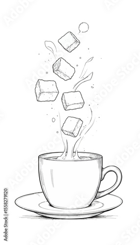 Cup of steaming coffee with sugar cubes splashing in drawing  