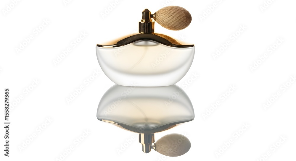Obraz premium A perfume bottle with a gold top and bulb atomizer sits on a reflective white surface in a studio shot
