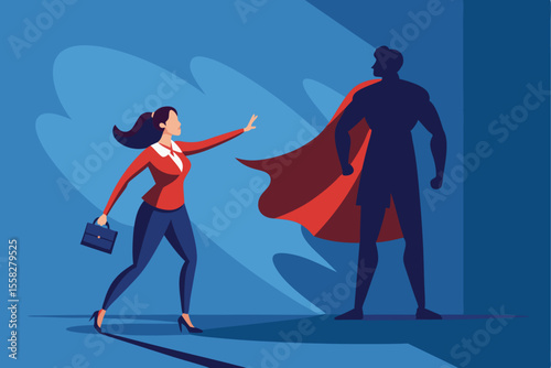 Businesswoman showcases her strength while casting a shadow of a superhero in an urban environment