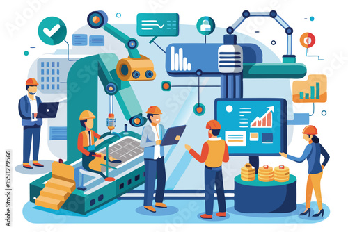 Innovative production line with workers utilizing advanced technology and teamwork for efficient manufacturing processes in an industrial setting