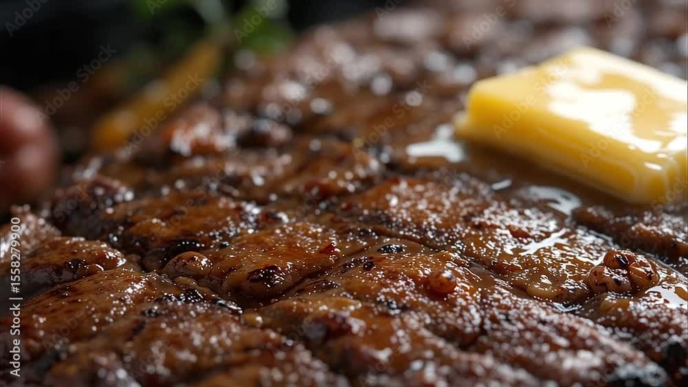 Macro close-up of sizzling steak with visible grill marks and melting butter