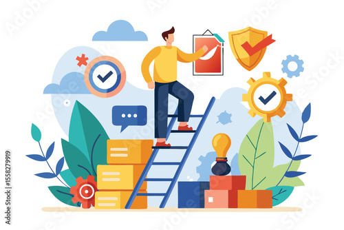 Quality control manager ascending a ladder to ensure standards are met in a vibrant and organized workspace with various symbols of efficiency and quality assurance present