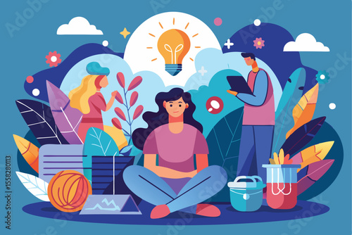 Illustration depicting mental health challenges showcasing individuals engaging in self-care activities amidst a vibrant nature backdrop