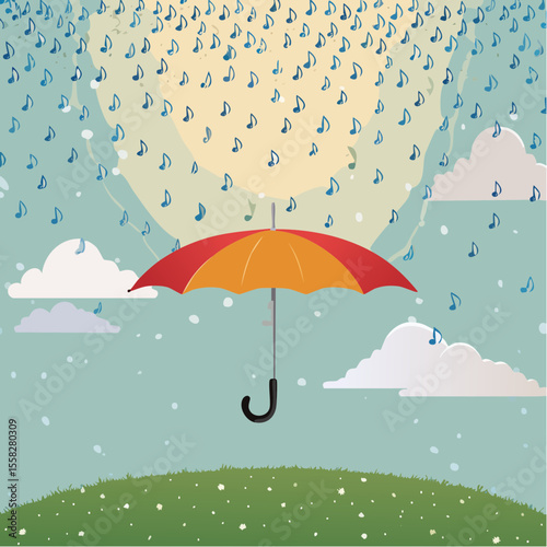 An umbrella raining musical notes – rhythm falling from the sky.
