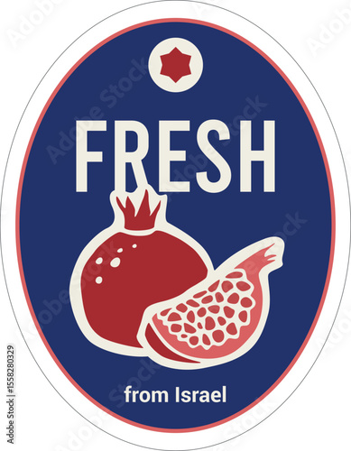 Fruit Label or Peeled Paper Sticker with Pomegranate on Blue Background