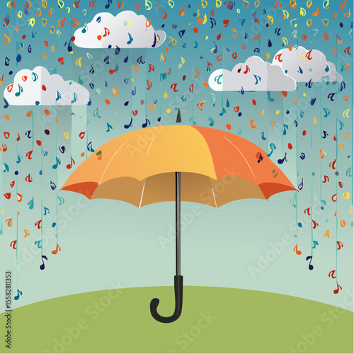 An umbrella raining musical notes – rhythm falling from the sky.
