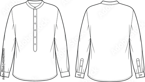 Band collar shirt technical flat sketch, front back shirt vector, placket design, fashion cad drawing, menswear long sleeve apparel