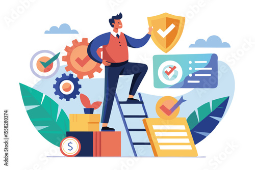 Quality control manager climbing a ladder to ensure product standards and safety in a modern workspace