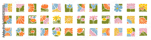 A collection of colorful abstract floral patterns in modern square style. Hand-drawn botanical designs in bold boho style. Perfect for decoration, crafts, textile design, and digital projects.