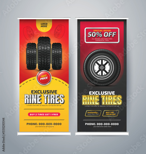 Tires sale roll-up banner design. roll-up banner, x banner, vertical ad roll-up banner template