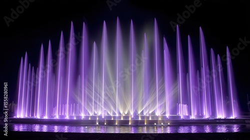 Grand opening of musical fountain display with powerful lights highlighting streams in motion