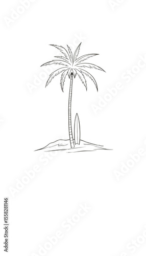 Tropical palm tree with surfboard on sandy beach island  