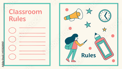 Illustration depicting classroom rules with a list on the left and a student with school items on the right
