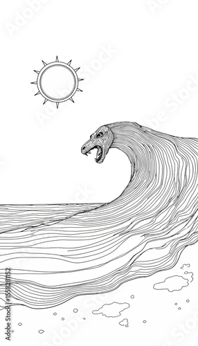 Abstract ocean wave with animal face under sun in black and white  