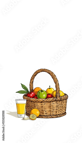 Fresh fruit basket with orange juice on white background  