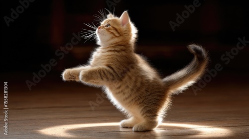 Kitten spinning in circles trying to catch its tail on a hardwood floor, homey lighting