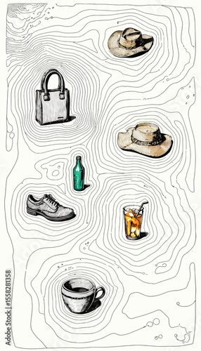 Illustration of various travel items on a topographic background  