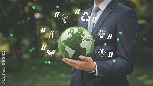 Businessman Holding Green Earth With Renewable Energy And Sustainable Development Icons For Environmental Conservation And Ecology

