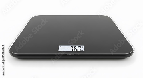 A sleek black digital bathroom scale displaying weight measurement on a white background surface