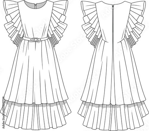 Elegant ruffle layered dress cad drawing, flat fashion sketch, belted pleated dress vector template for women clothing design use