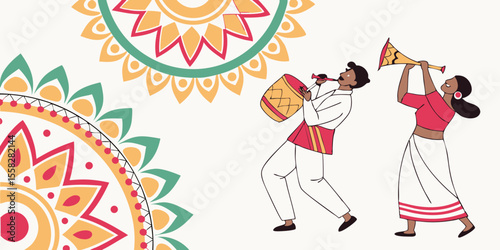 Bengali musicians playing instruments with decorative mandalas