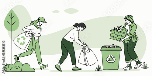 People practicing zero waste lifestyle with recycling bin