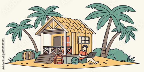 Man working on laptop near tropical beach hut and palm trees