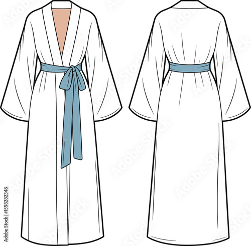Elegant women’s robe fashion flat sketch, kimono wrap style, long sleeves, belted waist, detailed technical CAD drawing illustration.