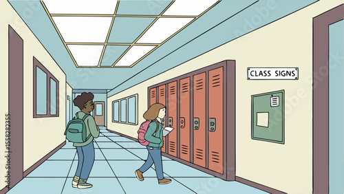 Illustration of students walking in a school hallway with lockers and a class sign on the wall space provided