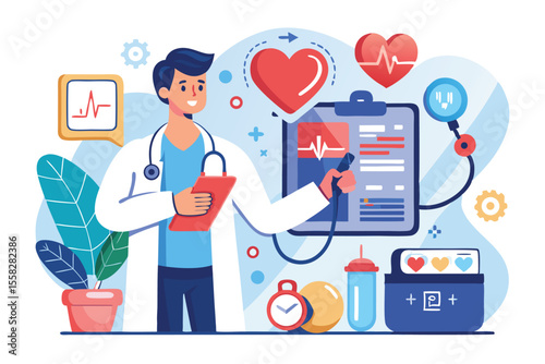 Heart disease screening and diagnostic concepts presented by a healthcare professional in a colorful, informative illustration focusing on patient care and health monitoring