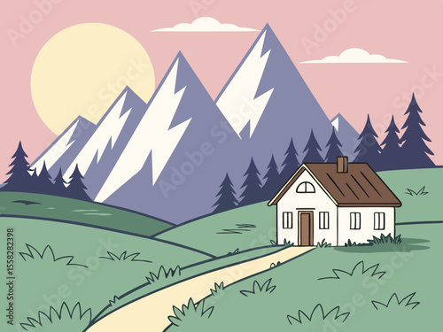 Serene mountain landscape with a house and sun nature
