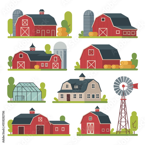 Collection of Red Farm Buildings and Structures