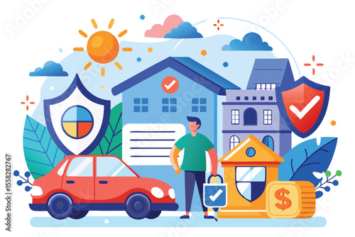 Illustration showcasing vehicle insurance concepts with a man, car, and secure properties in a vibrant, colorful setting during daylight