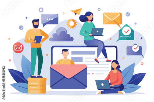 Email service concept illustrates users engaged in chat correspondence with technology elements in a collaborative environment
