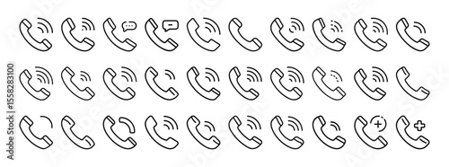 Phone Icon Set. Containing call, telephone, receiver, communication, ringing, contact, mobile, and connection icons. Solid icon collection.