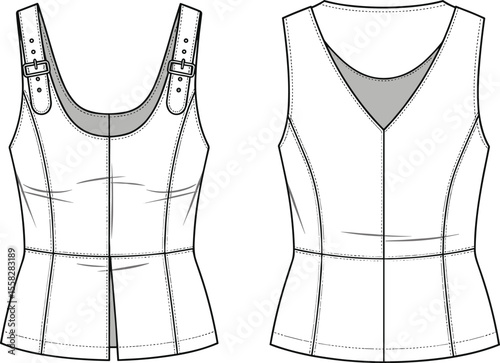 Fitted tank top technical fashion sketch, stylish buckle strap detail, front and back CAD drawing for apparel design reference.