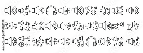 Audio Icon Set. Containing sound, volume, speaker, headphone, music, notification, media, and playback icons. Solid icon collection.