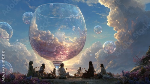 Hyper-detailed fantasy scene of people picnicking around an enormous wine glass, surrounded by oversized bubbles and warm, glowing sunshine