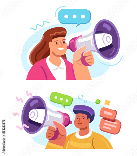 Woman announcing news using megaphone social media marketing. Man with loudspeaker. Promotion, advertising