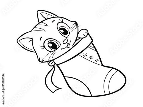 Easy coloring page of a happy kitten in a Christmas stocking