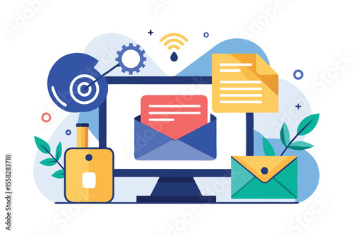 Email marketing campaign flat design with computer, messages, and creative elements representing online communication strategies